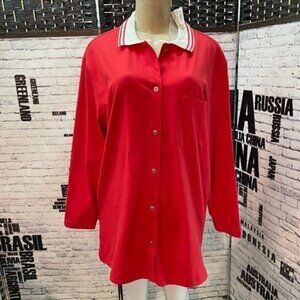 Leisure Wear By Adonna  M Red Button Down  Striped Collar Collar Long Sleeve Top